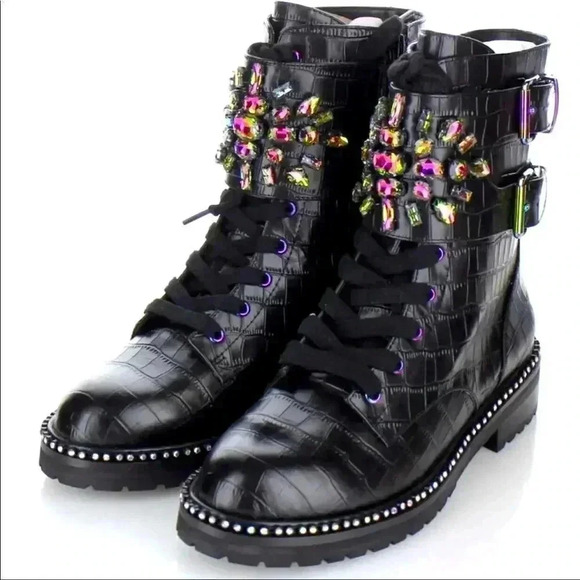 RARE NWT Kurt Geiger London Stoop Rainbow Crystal Oil Spill Leather Combat Boots - Picture 2 of 15